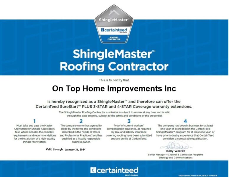 certainteedshinglemastercertificate2024 On Top Home Improvements, Inc.