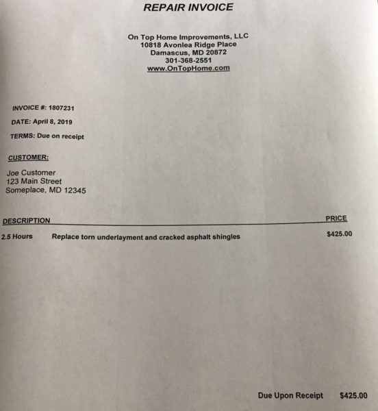Our explanation of repair invoice costs On Top Home Improvements, Inc.